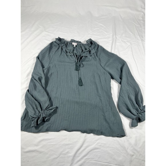 L Love Women's Peasant Blouse Medium Teal Ruffle Neck Tassel Tie Long Sleeve Top